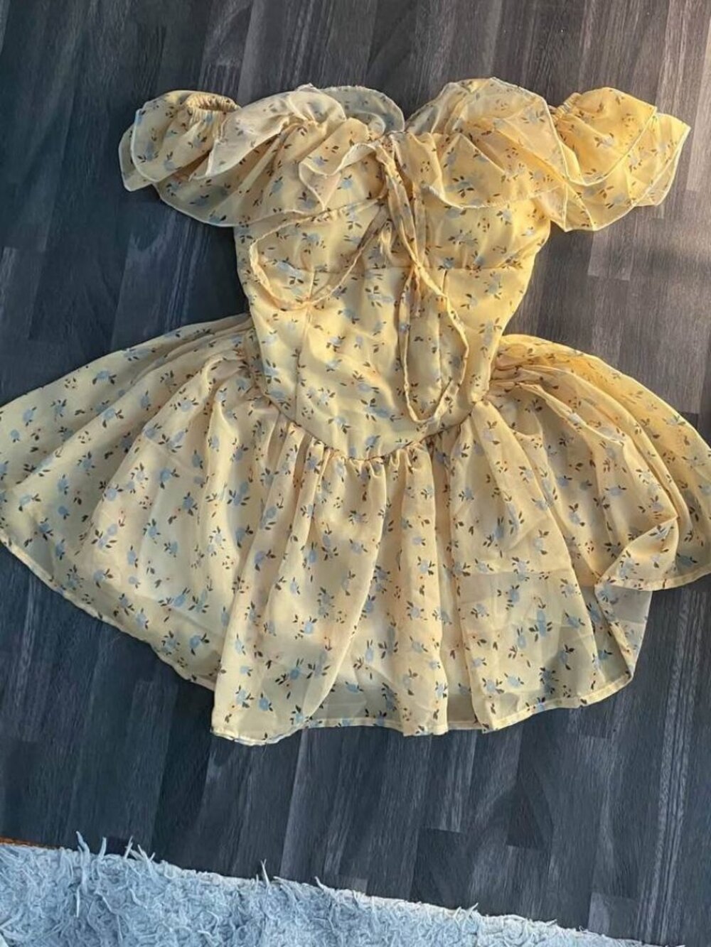 Yellow Floral Mini Dress Ruffle Puff Sleeves Cottagecore Summer Dress